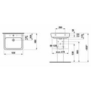 Umyvadlo Laufen Pro 55x48 cm otvor pro baterii uprostřed H8189514001041. Technický nákres 