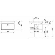 Umyvadlo Laufen Pro S 55x46,5 cm, 60x46,5 cm, 70x46,5 cm bez otvoru pro baterii. technický nákres 3