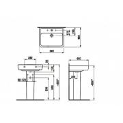 Umyvadlo Laufen Pro 60x48 cm otvor pro baterii uprostřed H8189520001041. Technický nákres