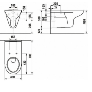 WC závěsné Jika Deep zadní odpad H8206420000001. technický nákres 