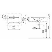 Zápustné umyvadlo Jika Cubito 55x41 cm otvor pro baterii uprostřed H8174220001041. Technický nákres 