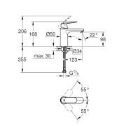 Umyvadlová baterie Grohe Eurosmart Cosmopolitan bez výpusti Supermatt Black 23327KW0. Technický nákres 