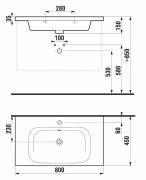 Umyvadlo Jika Mio-N 80x45 cm otvor pro baterii uprostřed H8127160001041 (Technický nákres)
