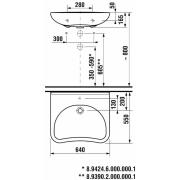 Bezbariérové umyvadlo Jika Mio 64x55 cm otvor pro baterii uprostřed H8137141001041. Technický nákres&nbsp;