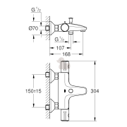 Termostat Grohe Grohtherm 800 s termostatickou baterií 150 mm chrom 34567000. Technický nákres 