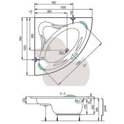 Rohová vana Laguna Cornelia 140x140 cm a Laguna Royale 150x150 cm, akrylát, bílá. Technický nákres (ilustrační)&nbsp;