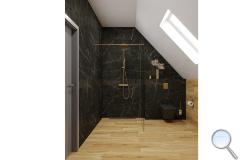 Koupelna Argenta Gold Nero podkrovní koupelna. SIKO-podkrovni-mramorova-cerna-drevena-koupelna-s-walk-in-serie-nero-gold-01