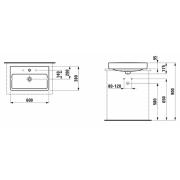 Umyvadlo na desku Laufen Pro S 55x38 cm, 60x38 cm otvor pro baterii uprostřed. technický nákres 