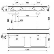 Umyvadlo Jika Cubito 130x48,5 cm dva otvory pro baterii H8144201001041. Technický nákres 