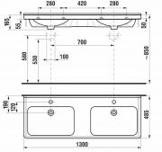 Umyvadlo Jika Cubito 130x48,5 cm dva otvory pro baterii H8144201001041 (Technický nákres)
