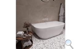Koupelna Ravak. SIKO-koupelna-terrazzo-v-minimalismu-v-bile-a-bezove-se-stojici-vanou-Ravak-004