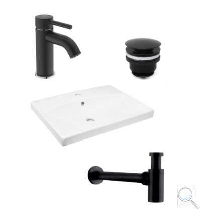 Koupelnový set závěsného umyvadla Brevis 60 cm, pákové baterie Kalva, sifonu a uzavíratelného vtoku ISSET12. obr. 1