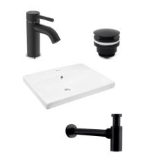 Koupelnový set závěsného umyvadla Brevis 60 cm, pákové baterie Kalva, sifonu a uzavíratelného vtoku ISSET12