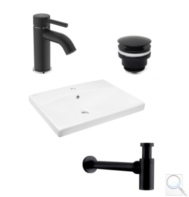 Koupelnový set závěsného umyvadla Brevis 60 cm, pákové baterie Kalva, sifonu a uzavíratelného vtoku ISSET12. obr. 1