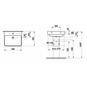 Umyvadlo Laufen Pro S 55x46,5 cm, 65x46,5 cm, 70x46,5 cm otvor pro baterii uprostřed. technický nákres 1 