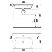 Umyvadlo Jika Mio-N 60x45 cm otvor pro baterii uprostřed H8127130001041. Technický nákres 