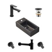 Koupelnový set levého závěsného umývátka Brevis 40,5 cm, pákové baterie, sifonu, průtočné zátky a roháčků v černé barvě KSETBRE2LBKM. &nbsp;(2)