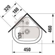 Rohové umývátko Jika Deep 45x46 cm otvor pro baterii uprostřed H8166120001041. Technický nákres 2